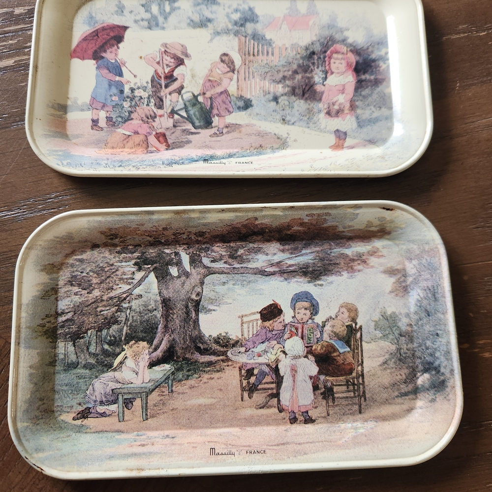 Vintage Illustrated Metal Trays with Pastel Children Scene